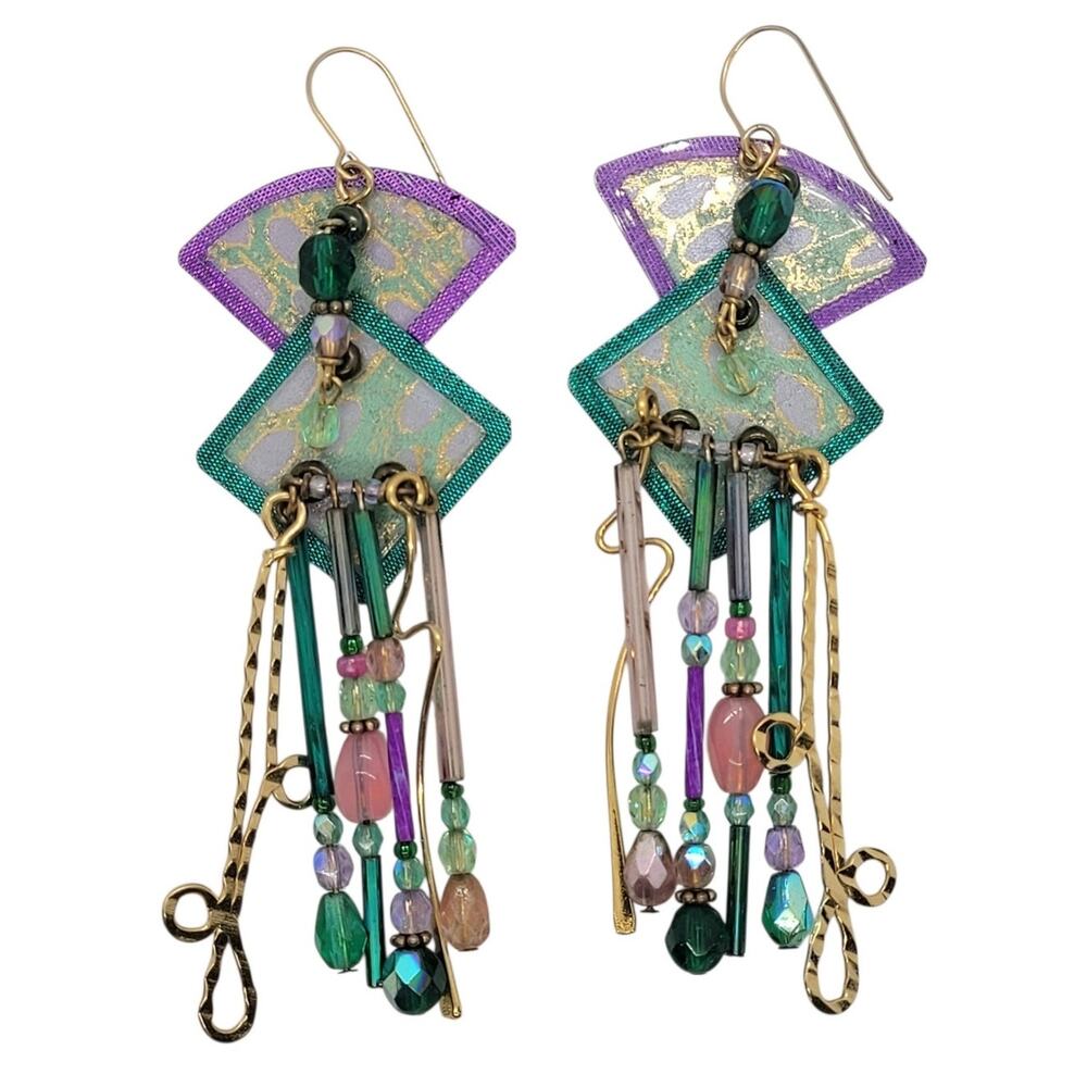 Vintage 1980s Purple Green Mixed Media Geometric Dangle Earrings Avant Garde